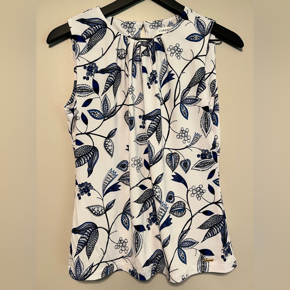 Floral Sleeveless Top in Blue and White